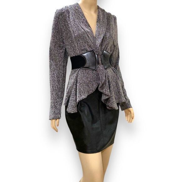 NEW Black Gray Metallic Open Front Ruffle Trim Knit Cardigan 2X